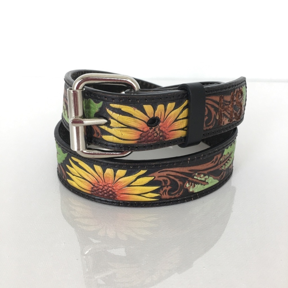 Nocona Painted Sunflower Tooled Leather Western Belt Women’s Size 24 XXS